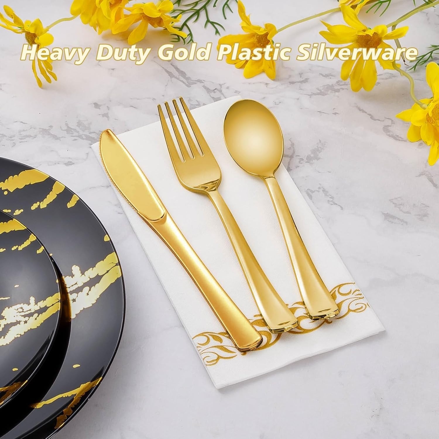 150pcs Gold Plastic Silverware Disposable Cutlery Forks Spoons Knives Party