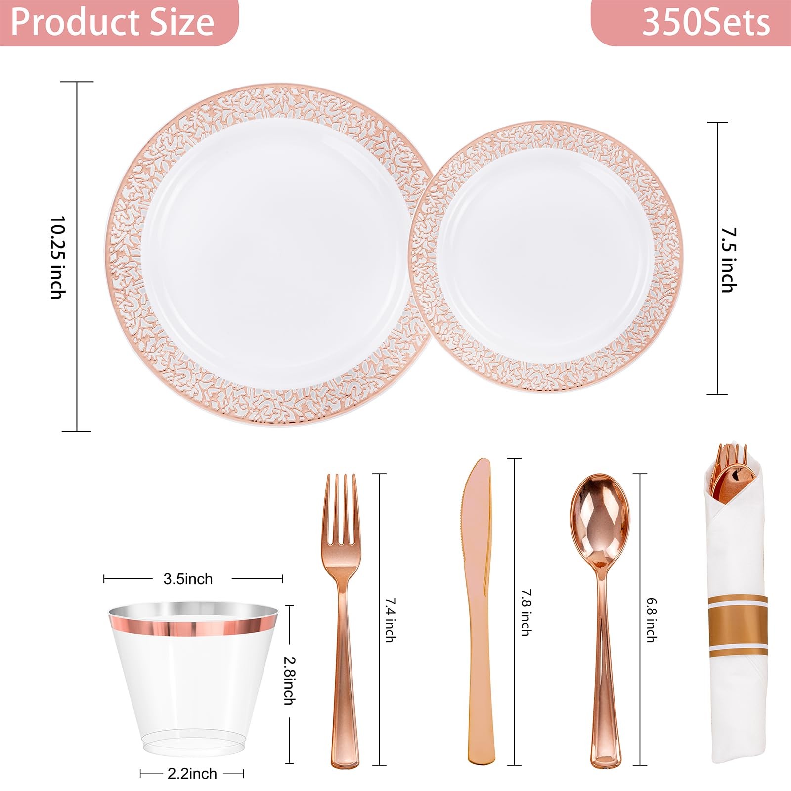 350 PCS Rose Gold Disposable Dinnerware Set for 50 Guests, Disposable Rose Go…
