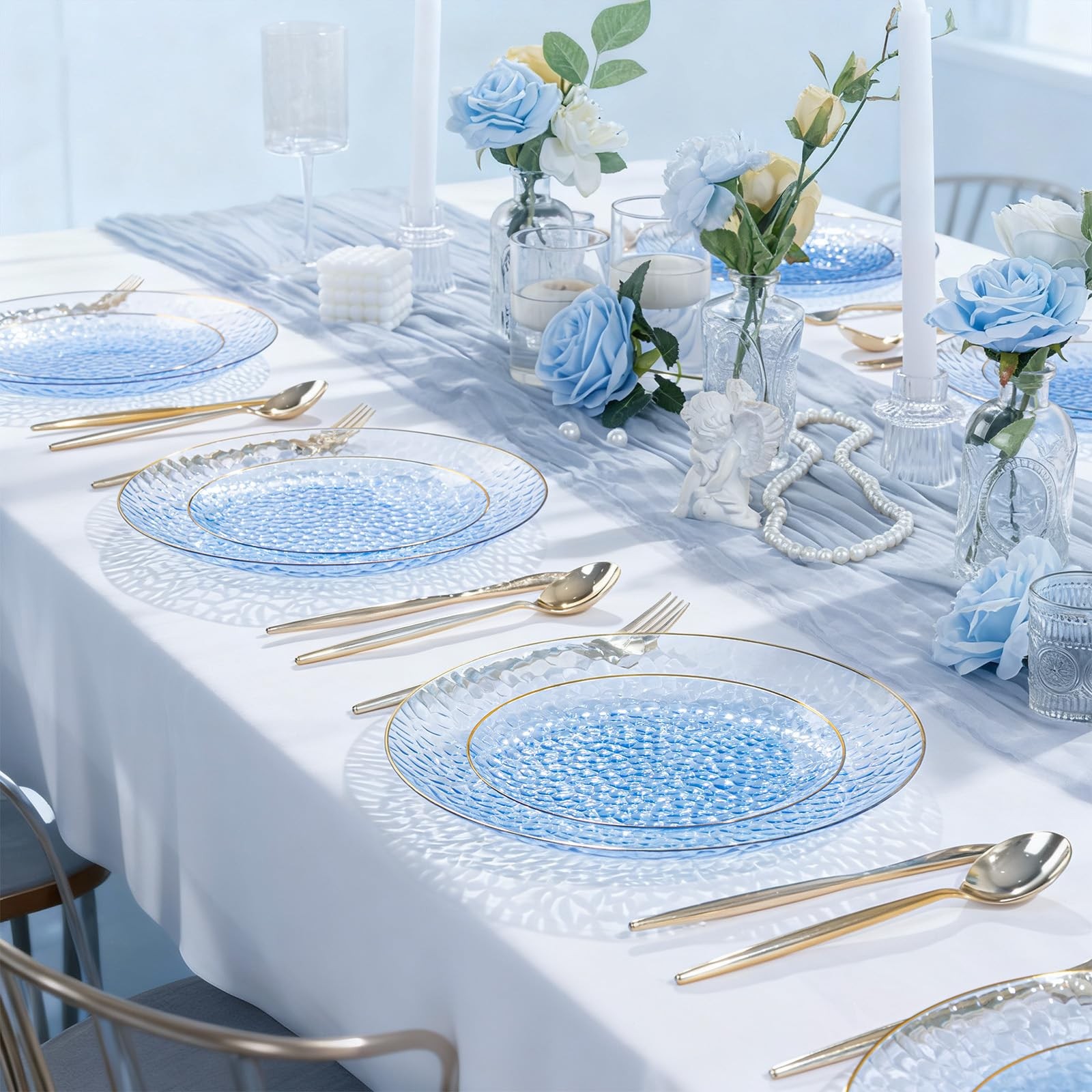 SUT 36Pcs Blue Plastic Plates Hammered Heavy Duty Disposable Plates Blue Gold Ri