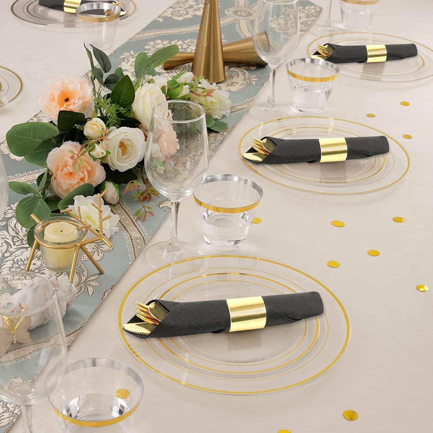 100 Pack Pre Rolled Gold Plastic Silverware Set,Wrapped Plastic Cutlery Set with