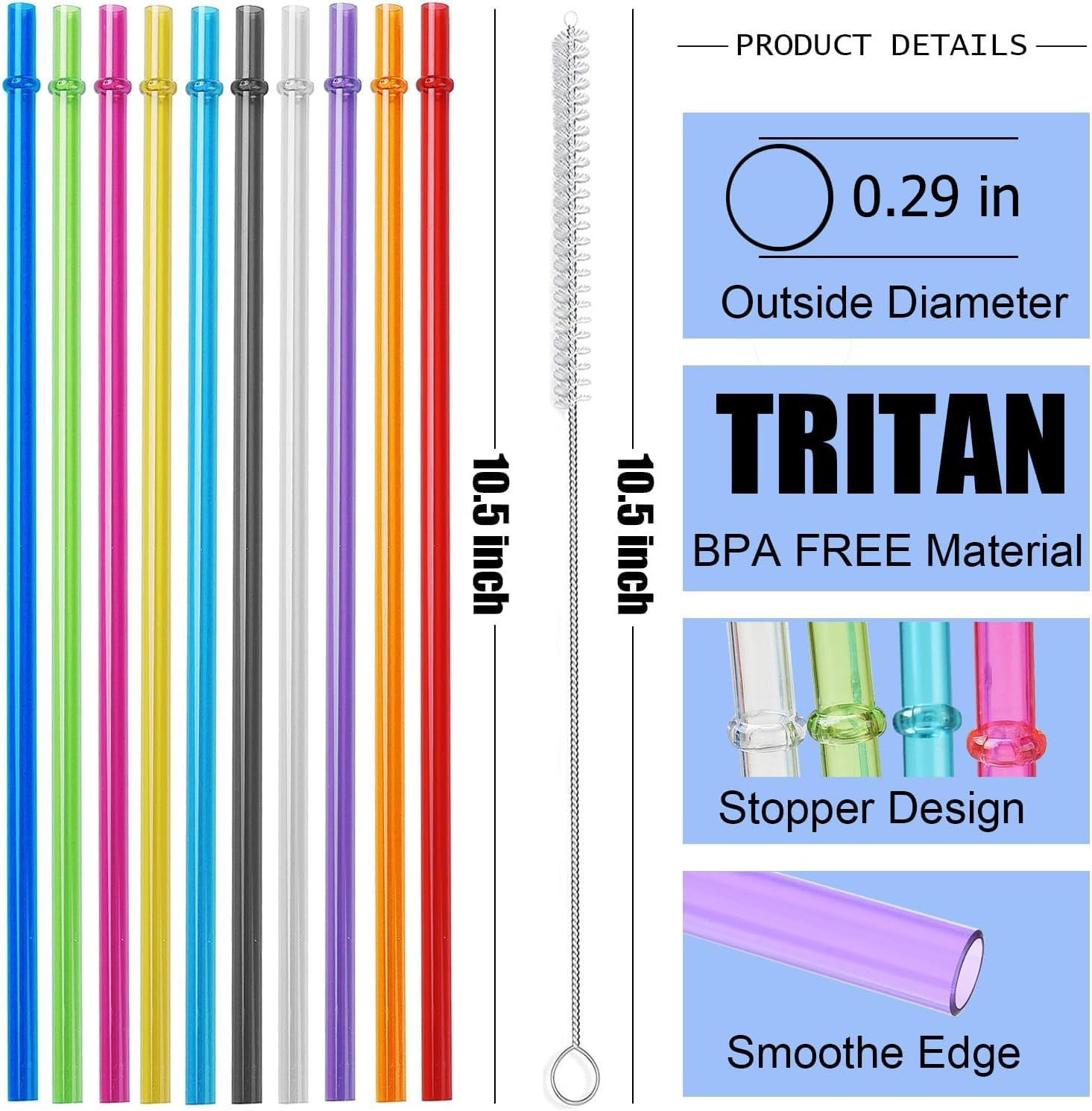 ALINK 10.5 in Long Reusable Plastic Straws with Brush, Tritan Hard Plastic Tumbl