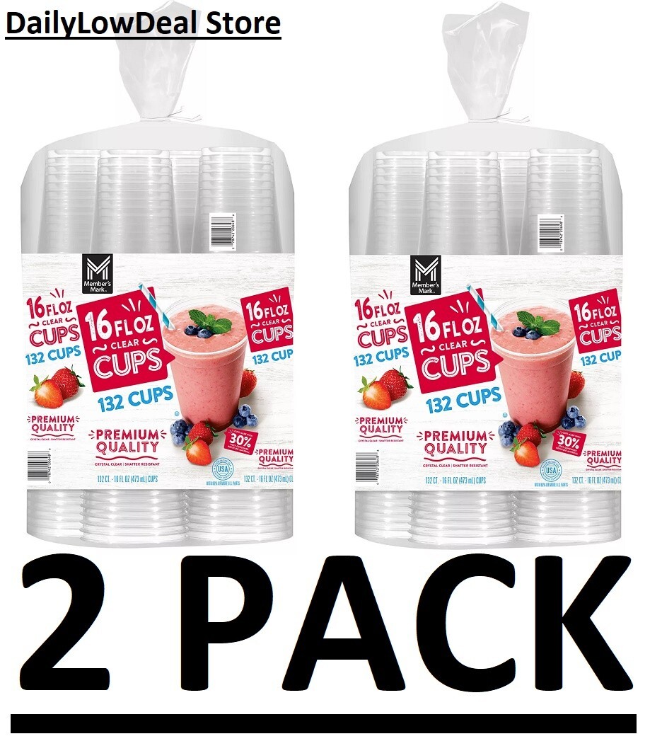 2 PACK -Member’s Mark Clear Plastic Cups 16 oz, 132 ct. (Total 264 Cups)
