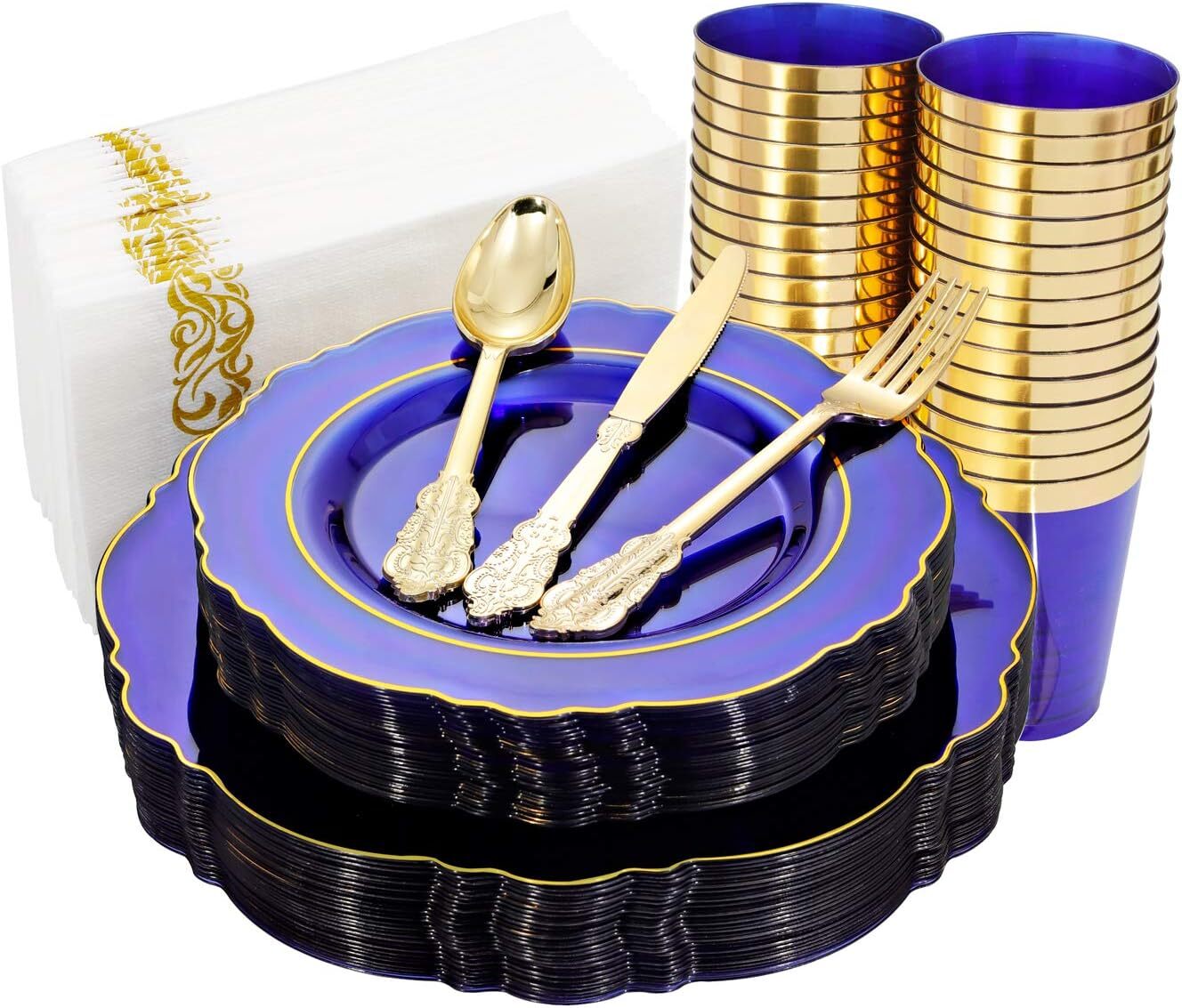 Blue Plastic Plates with Gold Rim& Disposable Plastic Silverware &Blue Cups