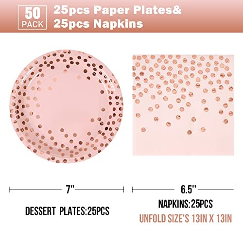 Pink and Rose Gold Paper Plates-50 Pack- 25 * 7inch Modern-50PCS Pink Rose Gold