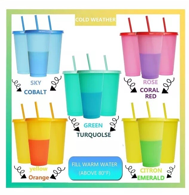 Magic Color Changing Plastic Cups Lids Straws 6 Pack 24 Oz Reusable BPA Free