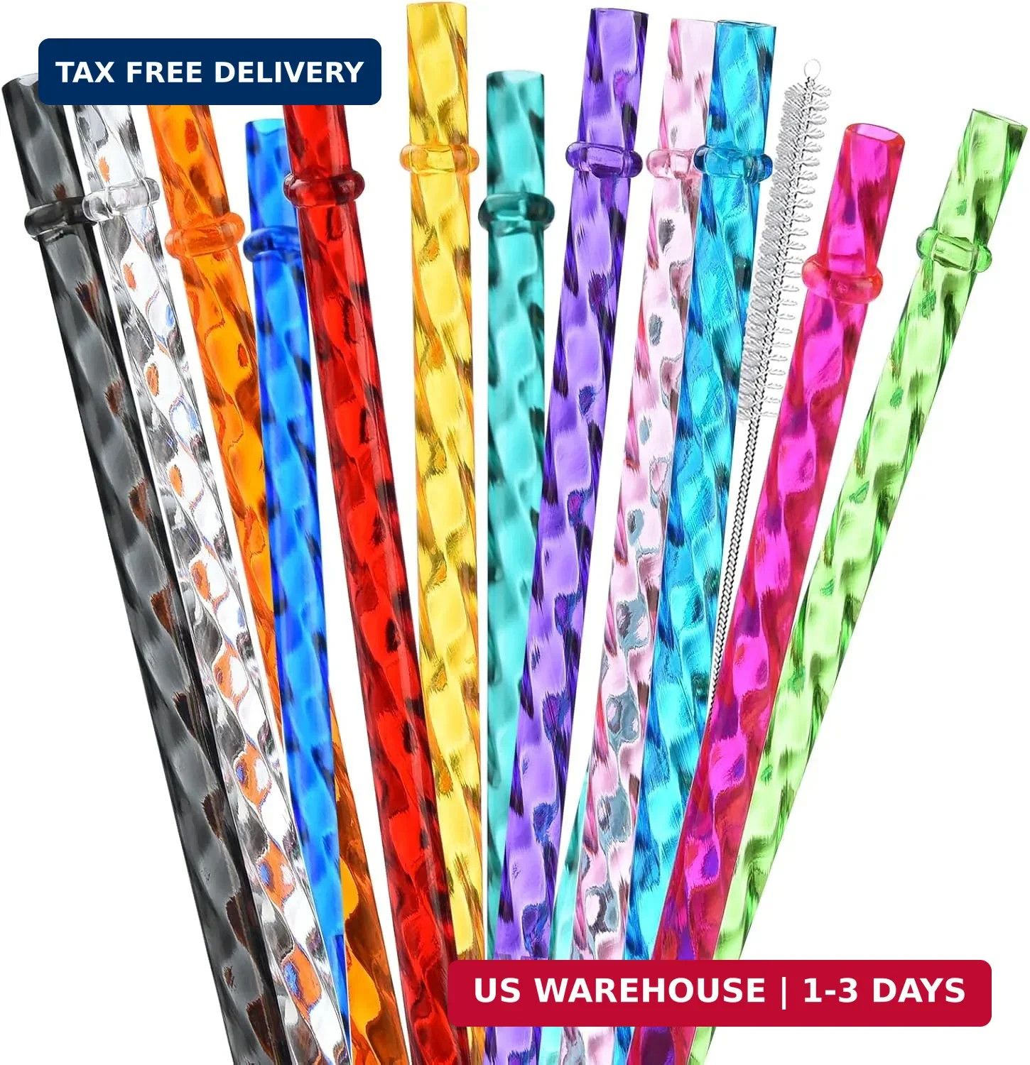 12 Pack Reusable Swirl Plastic Straws 11 Hard Plastic with Cleaning Brush FS
