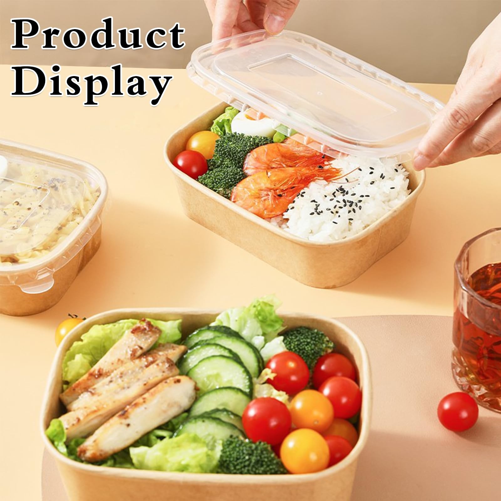 50 Pack 25oz Kraft Paper Square Bowls, Disposable Take Out Containers with Li…
