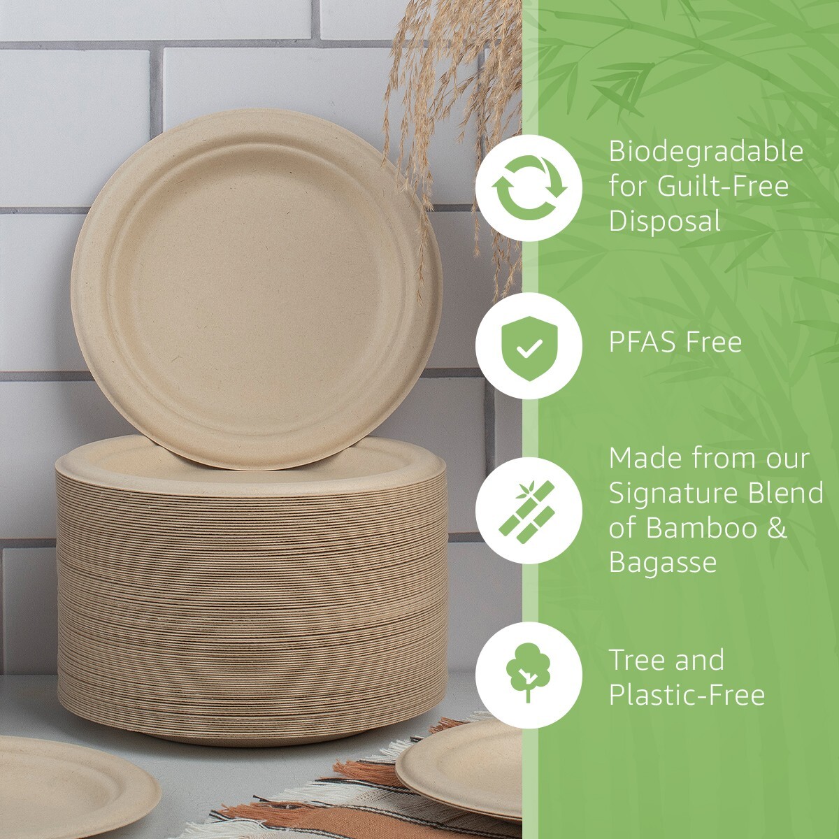 Ibambo Bamboo Disposable Paper Plates – 7 Inch, 50 Pack, Compostable Plates