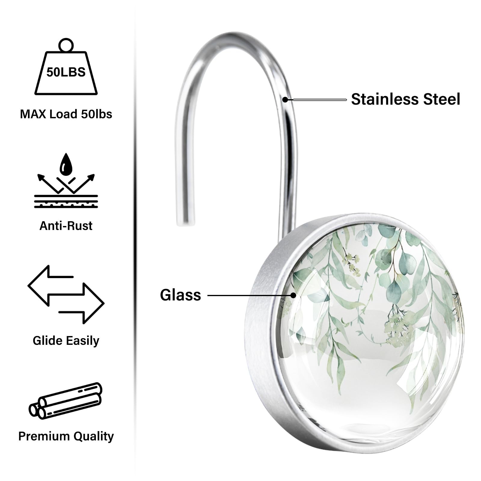 12 Pcs Sage Green Eucalyptus Shower Curtain Hooks – Rustproof Stainless Steel Ri