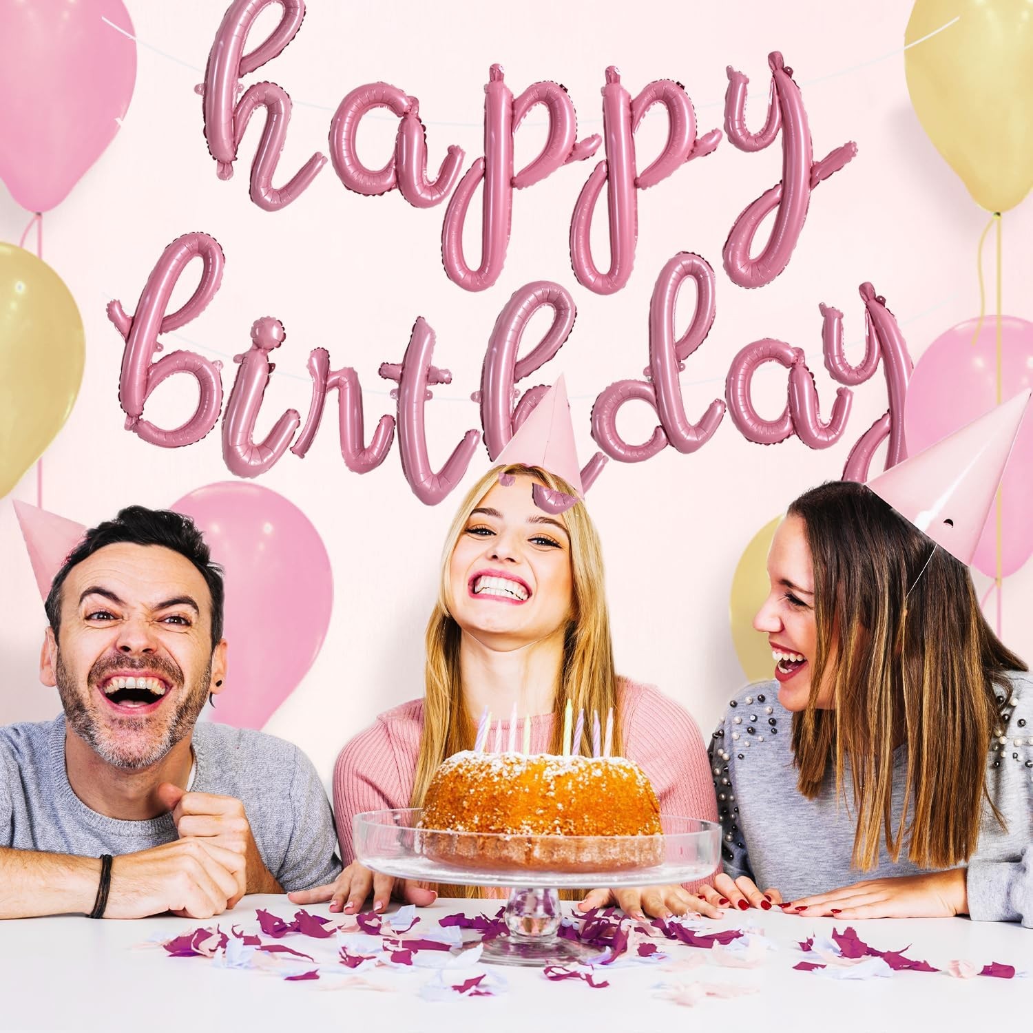TONIFUL Light Pink Happy Birthday Balloons Banner,Cursive Happy Birthday Ball…