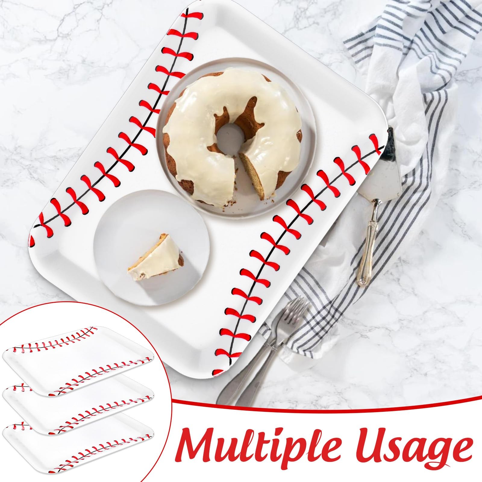 FYSUIMU 3Pcs Baseball Serving Trays Minimalist Baseball Print Platter Red White