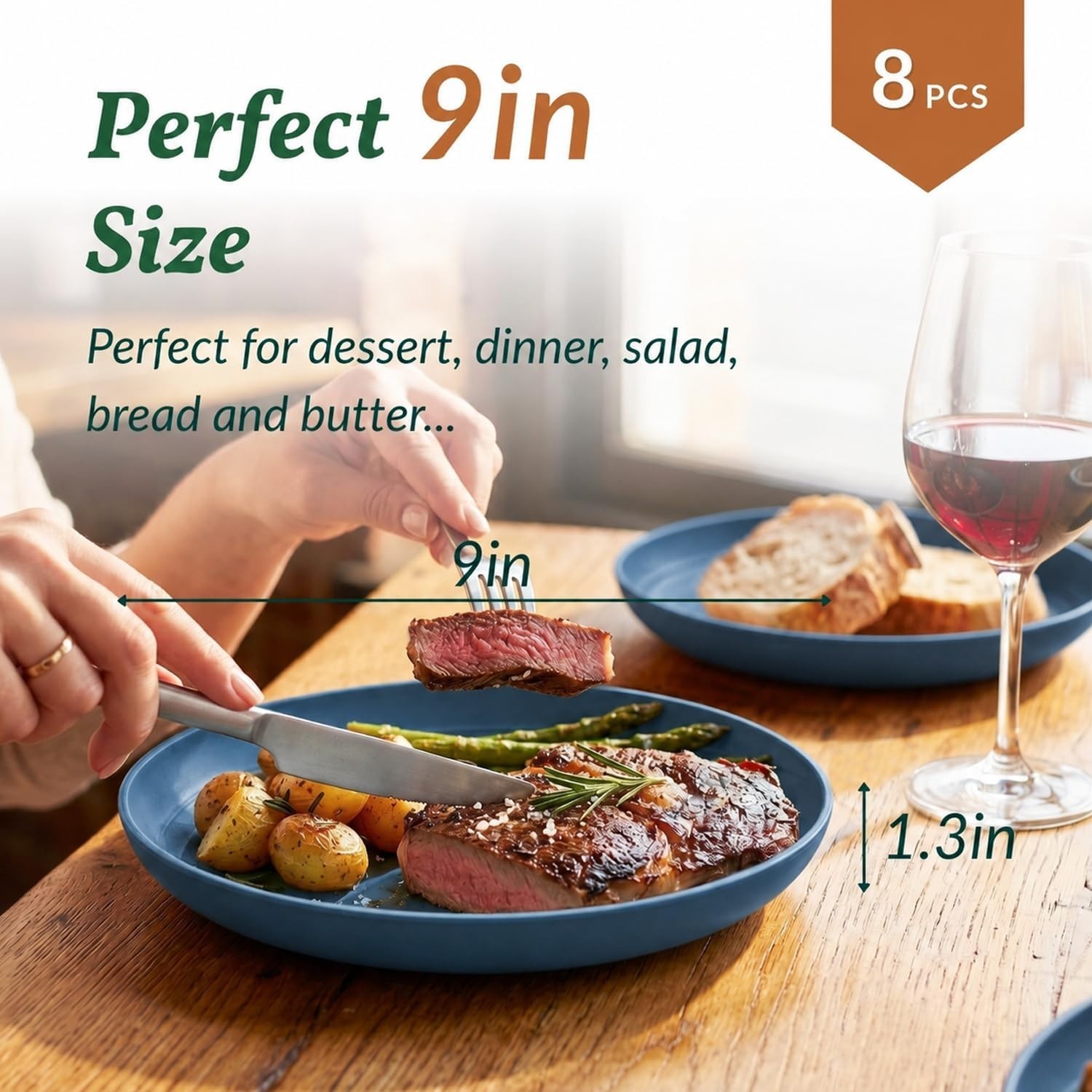 Durable 9-Inch Wheat Straw Dinner Plates – 8 pcs, Dishwasher Safe & Reusable