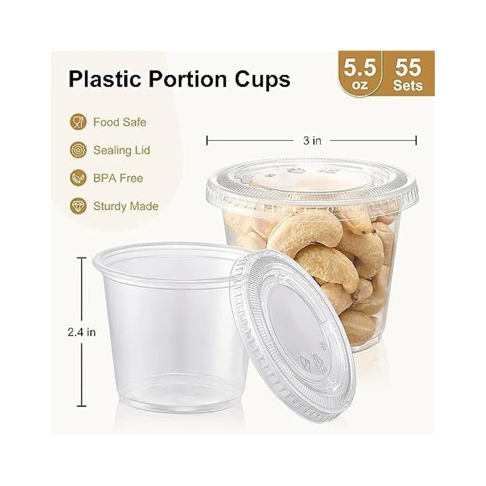 5.5oz Plastic Clear Portion Cups with Lids Pack of 1000 for Sauce Cup BPA Free