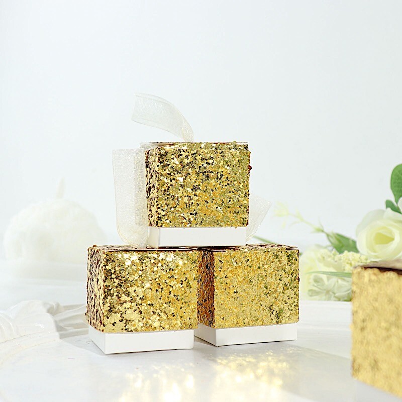 25 Gold 2 in Mini GIFT BOXES Sequin Glittered Favor Holders White Ribbon Party