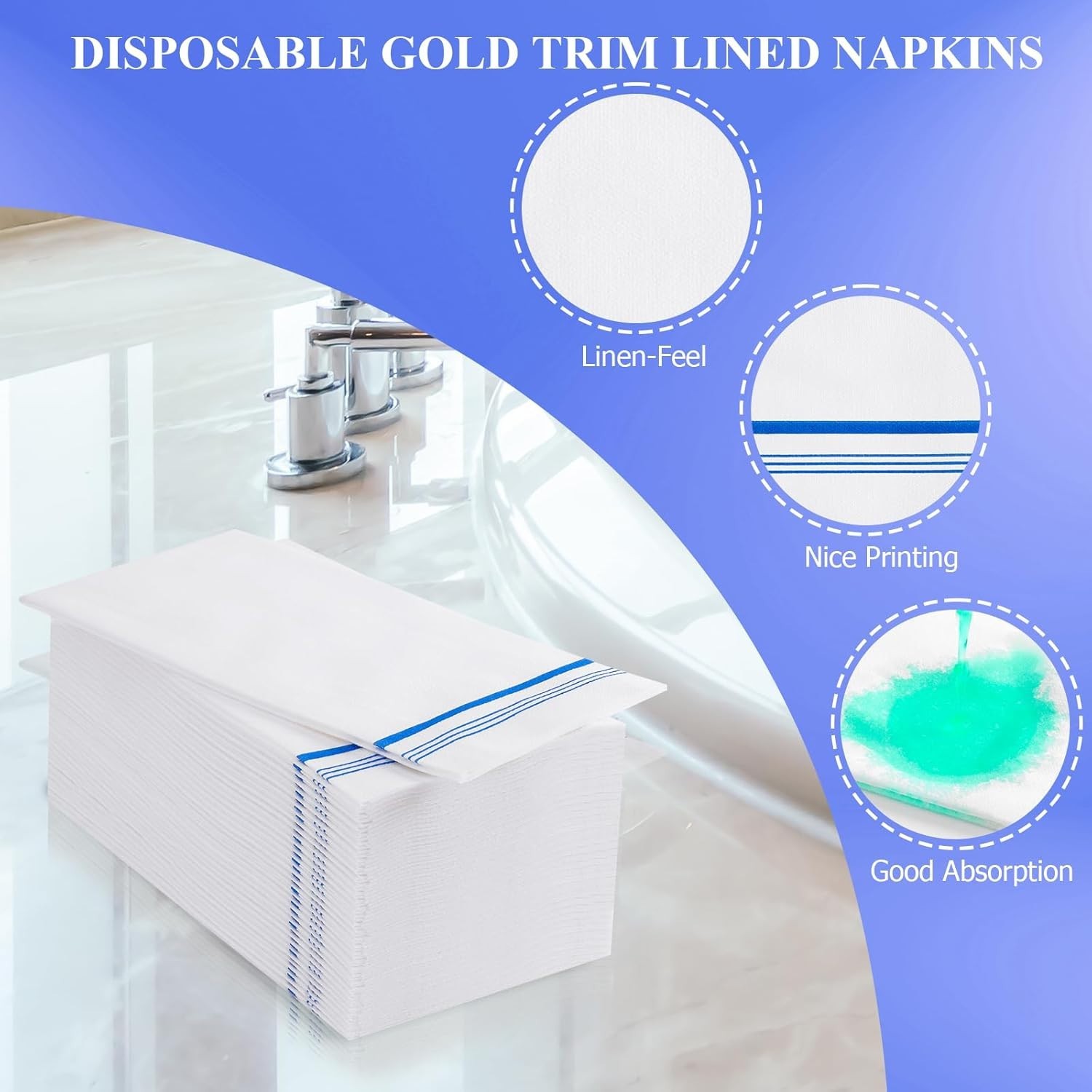 50 Disposable Paper Hand Towels for Bathroom 12″ x 17″(Blue Trim Lined), Decorat
