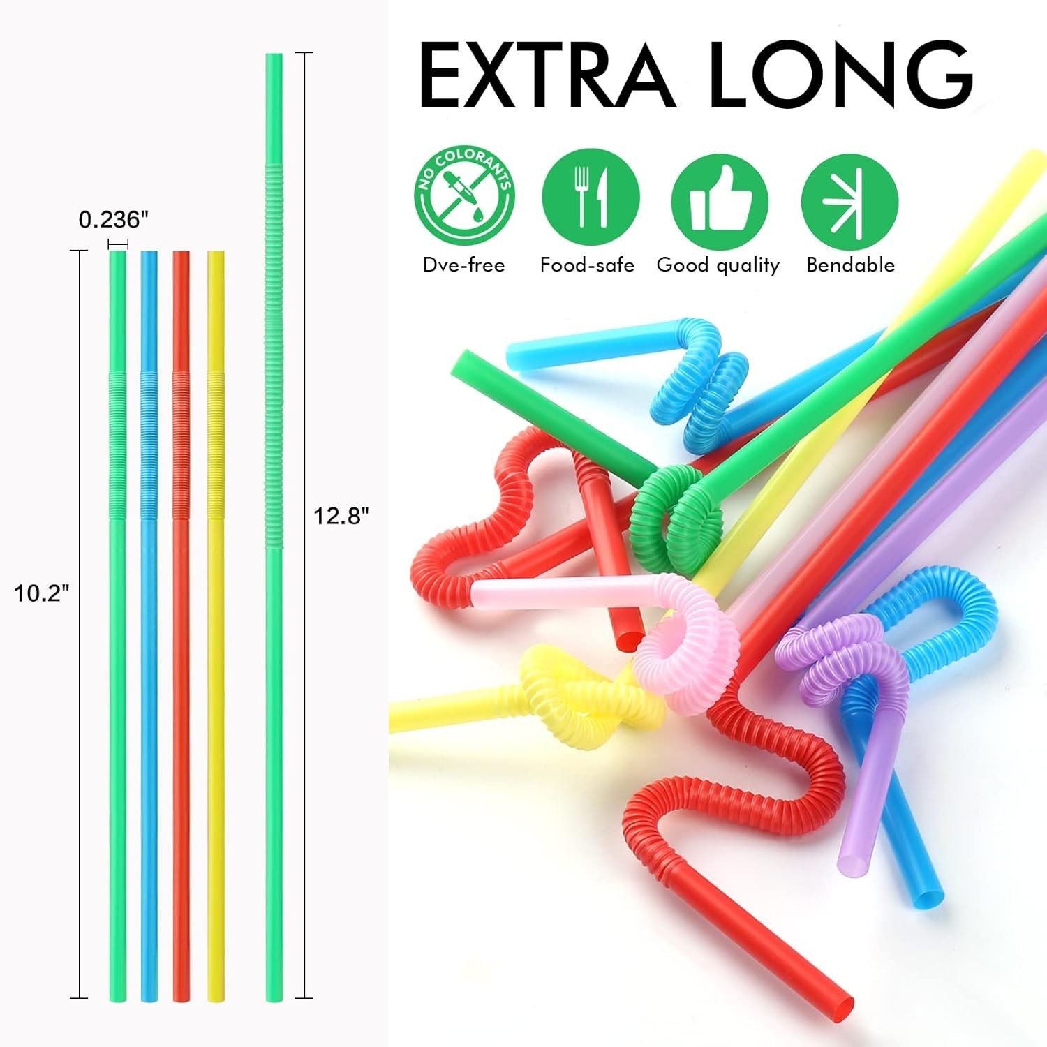 Flexible Bendy Drinking Straws 100 Count 12.8 Inch Long Colorful Polypropylene