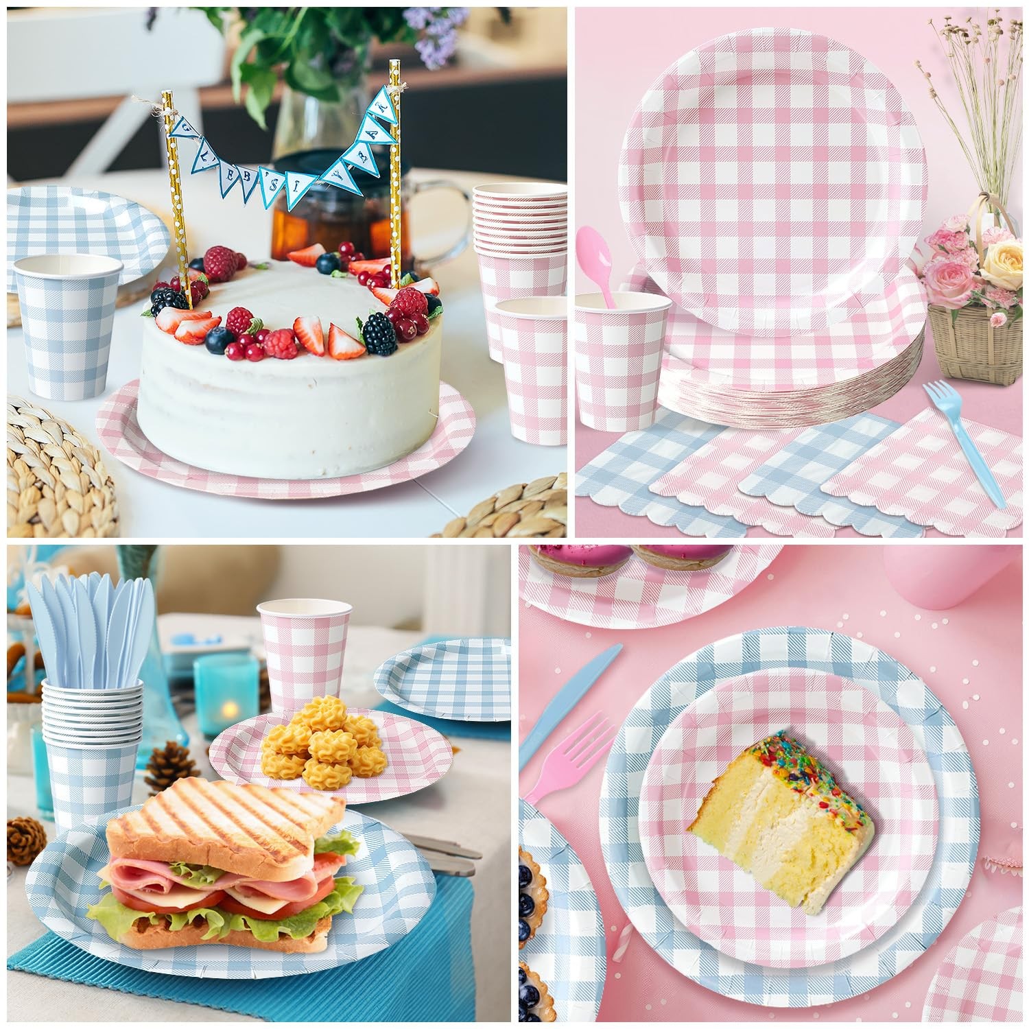 350 PCS Pink & Blue Gingham Paper Plates And Napkins Set For 50 9 Inch Dinner