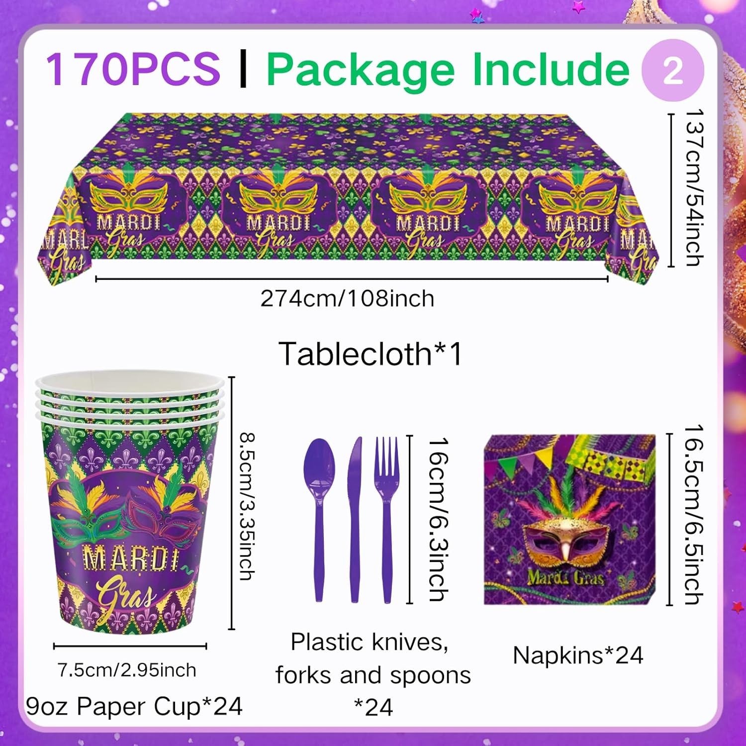 Mardi Gras Disposable Contemporary Multicolor Set (Plates, Napkins, Tablecover)