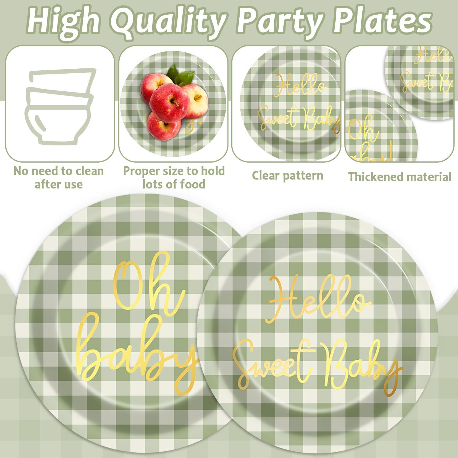 96PCS Sage Green Baby Shower Decorations Gold Sage Green Checkered Plates Sca…