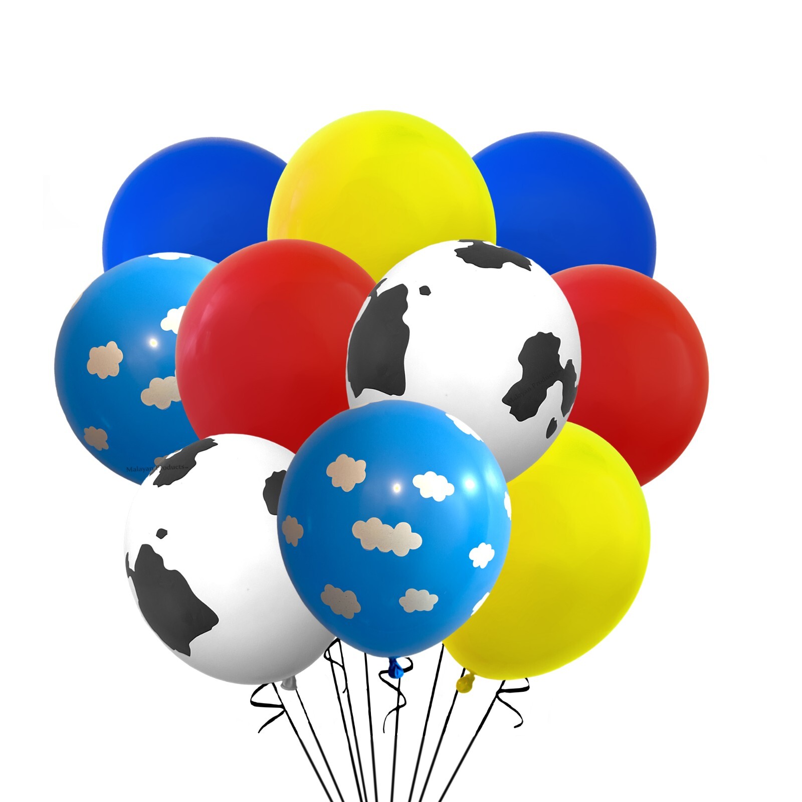 12 Pack MIX Cow Clouds Toys Red Blue & Yellow Balloons 12″ Party Story Supply