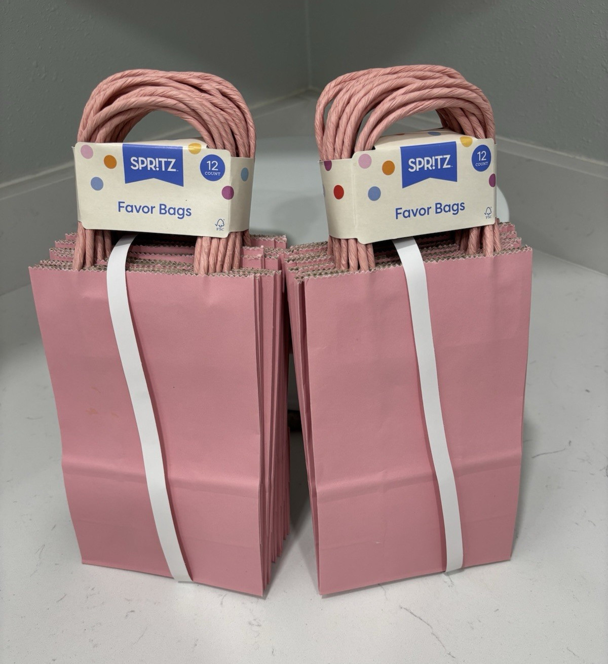 Spritz Pink Paper Party Favor Bags w/ Handles, 24 Count, Solid/Plain (2 packs)