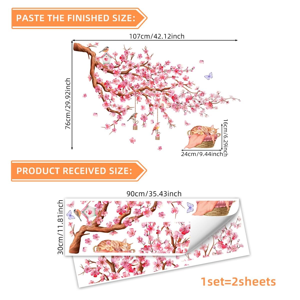 Siraveil Art Cherry Blossom Tree Wall Decals Birds Butterflies Pink Floral