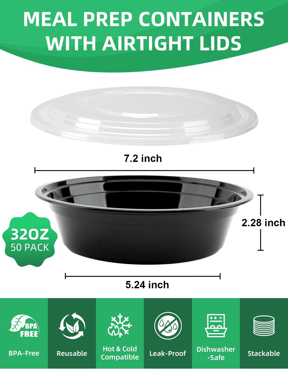 UMT Plastar Meal Prep Containers with Lids – 50 Pack 32 oz Round Meal Bowls, Mic
