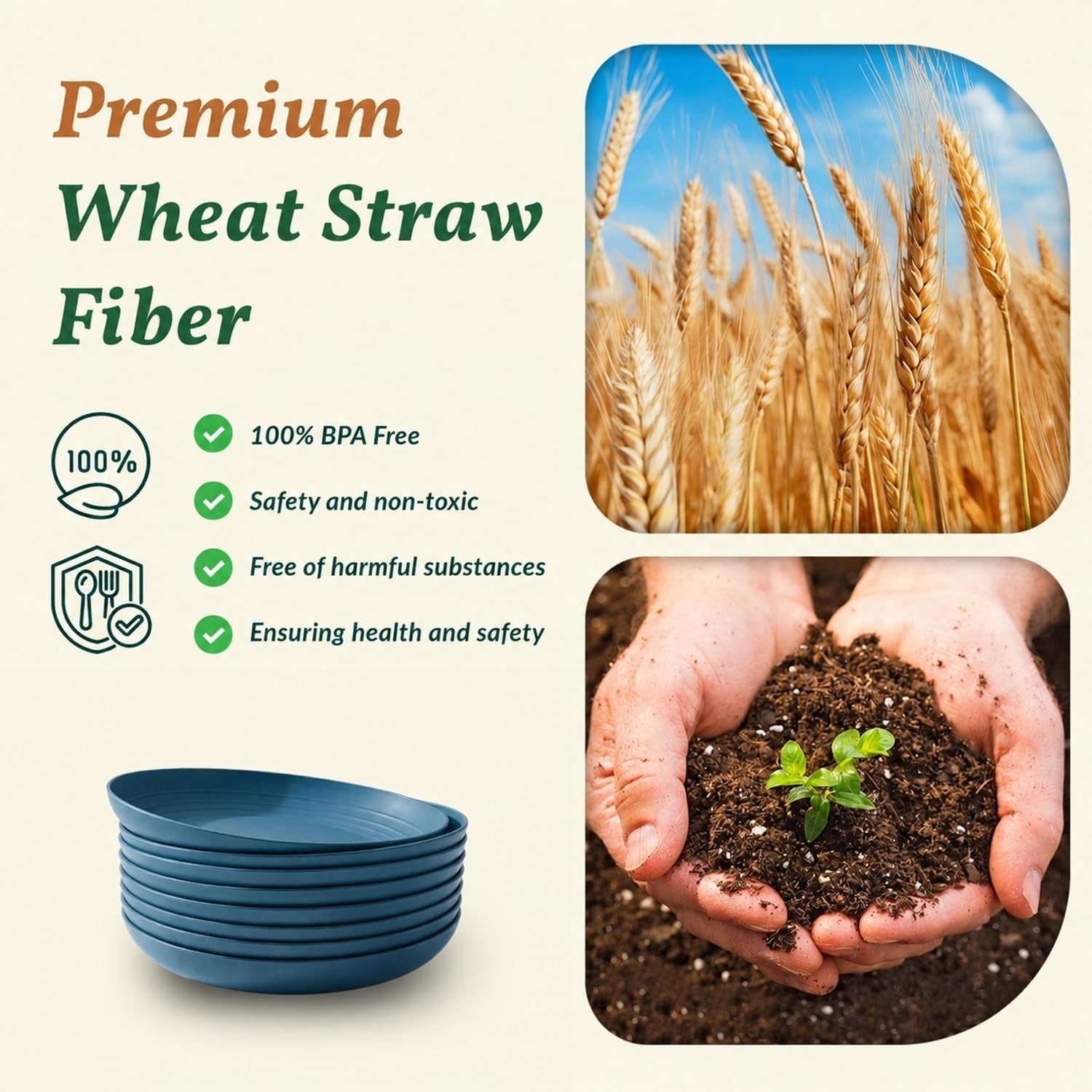 Durable 9-Inch Wheat Straw Dinner Plates – 8 pcs, Dishwasher Safe & Reusable