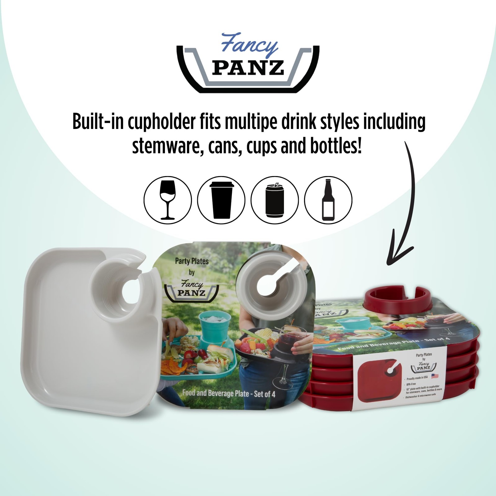 Fancy Panz Party Plates with Cup Holder – Set of 4 Purple Reusable BPA Free Plas