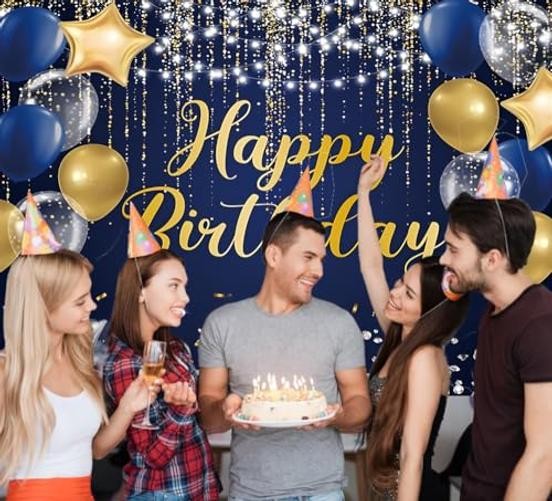 Happy Birthday Backdrop for Men Boys Navy and Gold Happy Birthday 7x5ft Blue