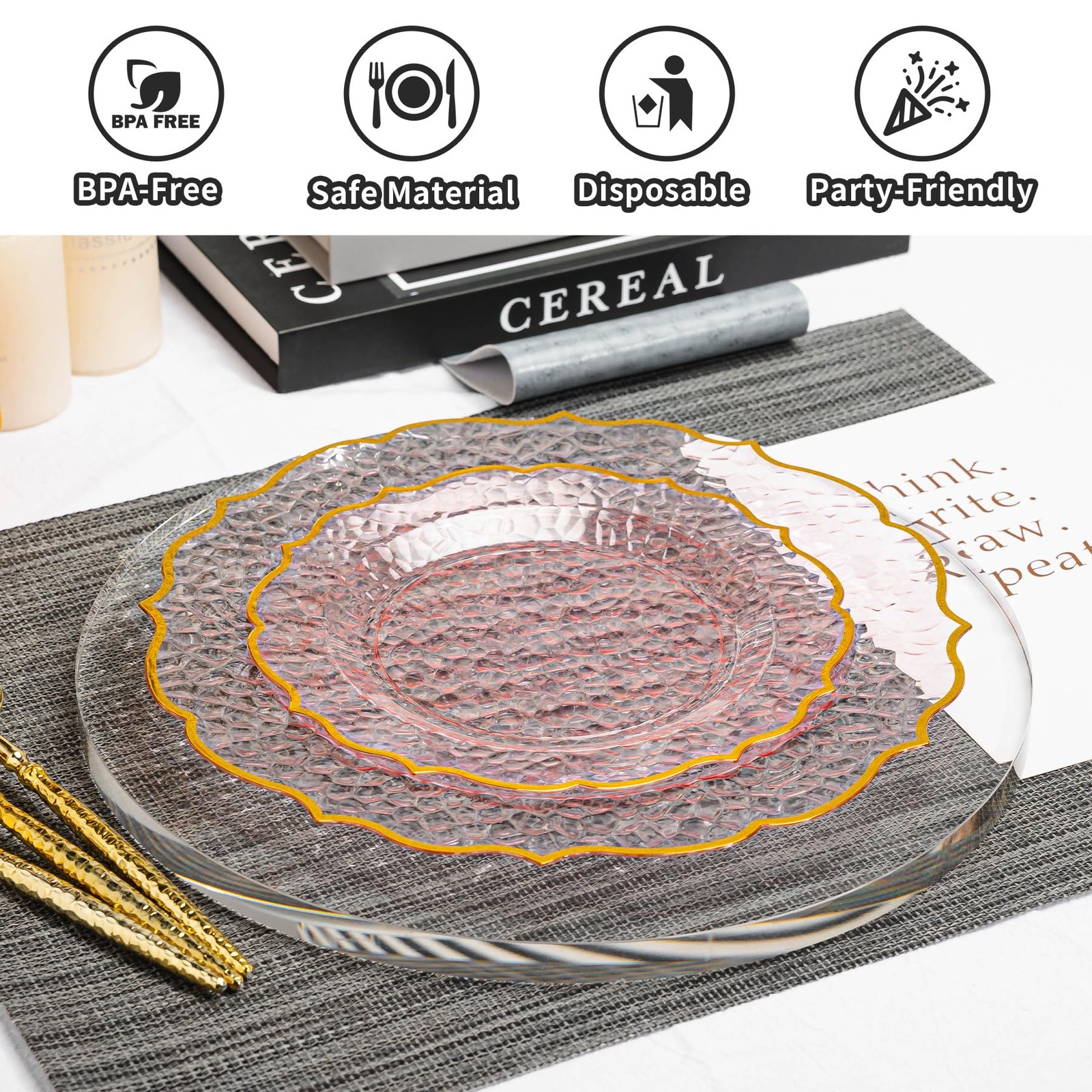 N9R 120 Clear and Pink Plastic Plates with Gold Rim, Stone Texture, Include 1…