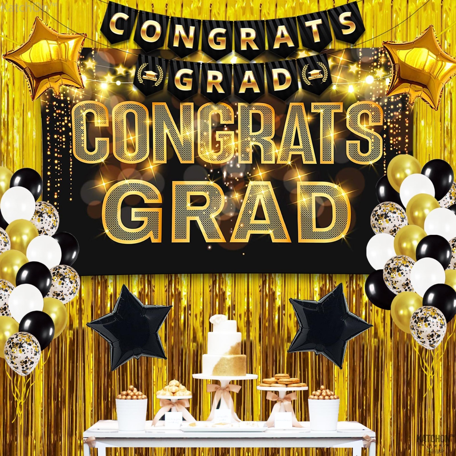 Black Gold Graduation Decorations 2026 – 61pc Set, Congrats Grad Banner, Foil Cu