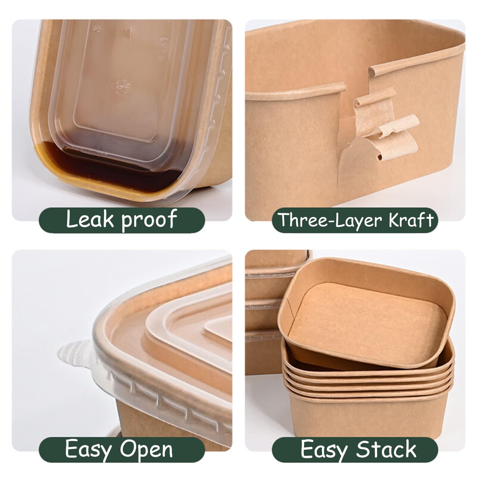 50 Pack 25oz Kraft Paper Square Bowls, Disposable Take Out Containers with Li…