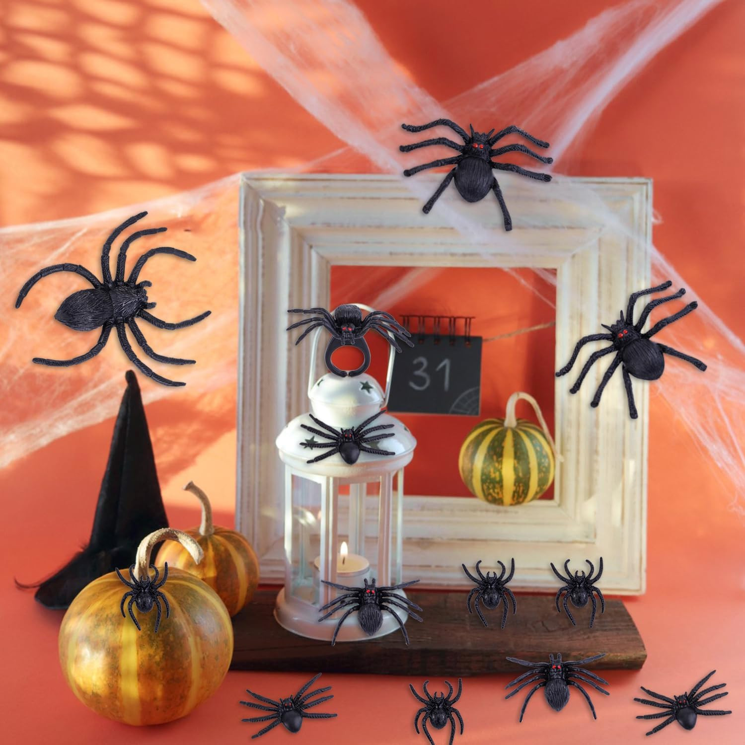 JIALWEN 60 Pieces Realistic Plastic Spiders Black Fake Spider Toys and Spider Ri
