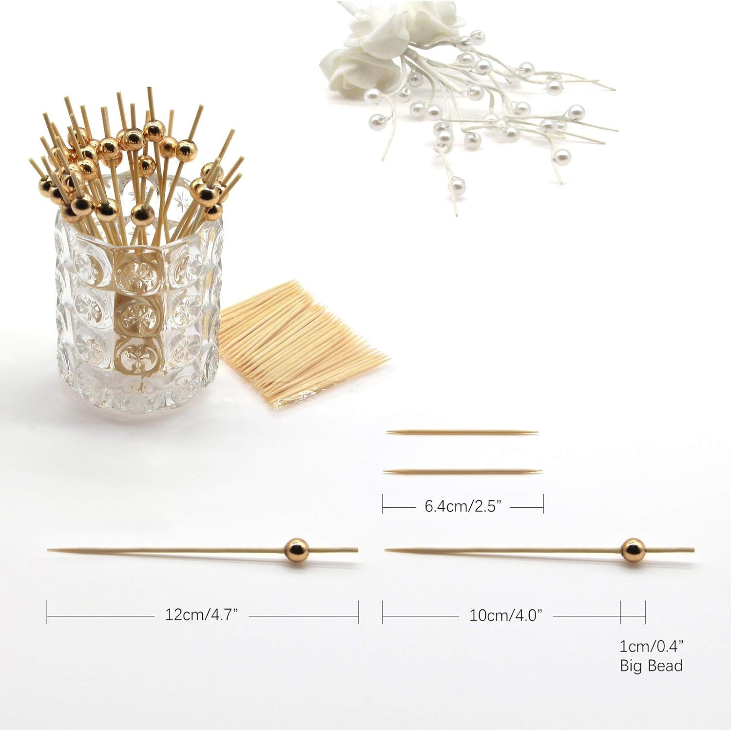 Gold Pearl Cocktail Picks, 4.7 Inch Long Bamboo Fancy Toothpicks for Appetizers,