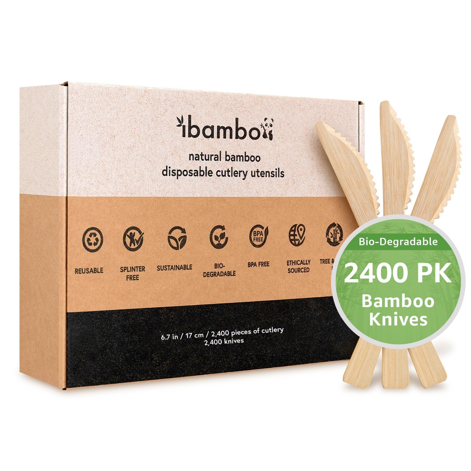 Ibambo 100% Bamboo Knives – 2400 Compostable Knives, Disposable or Reusable