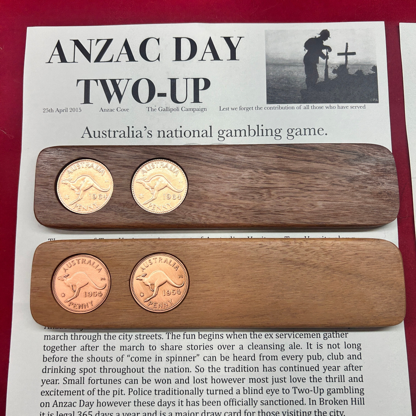 ANZAC DAY Two Up game set 70th Birthday Gift Present 1954 Australian Penny