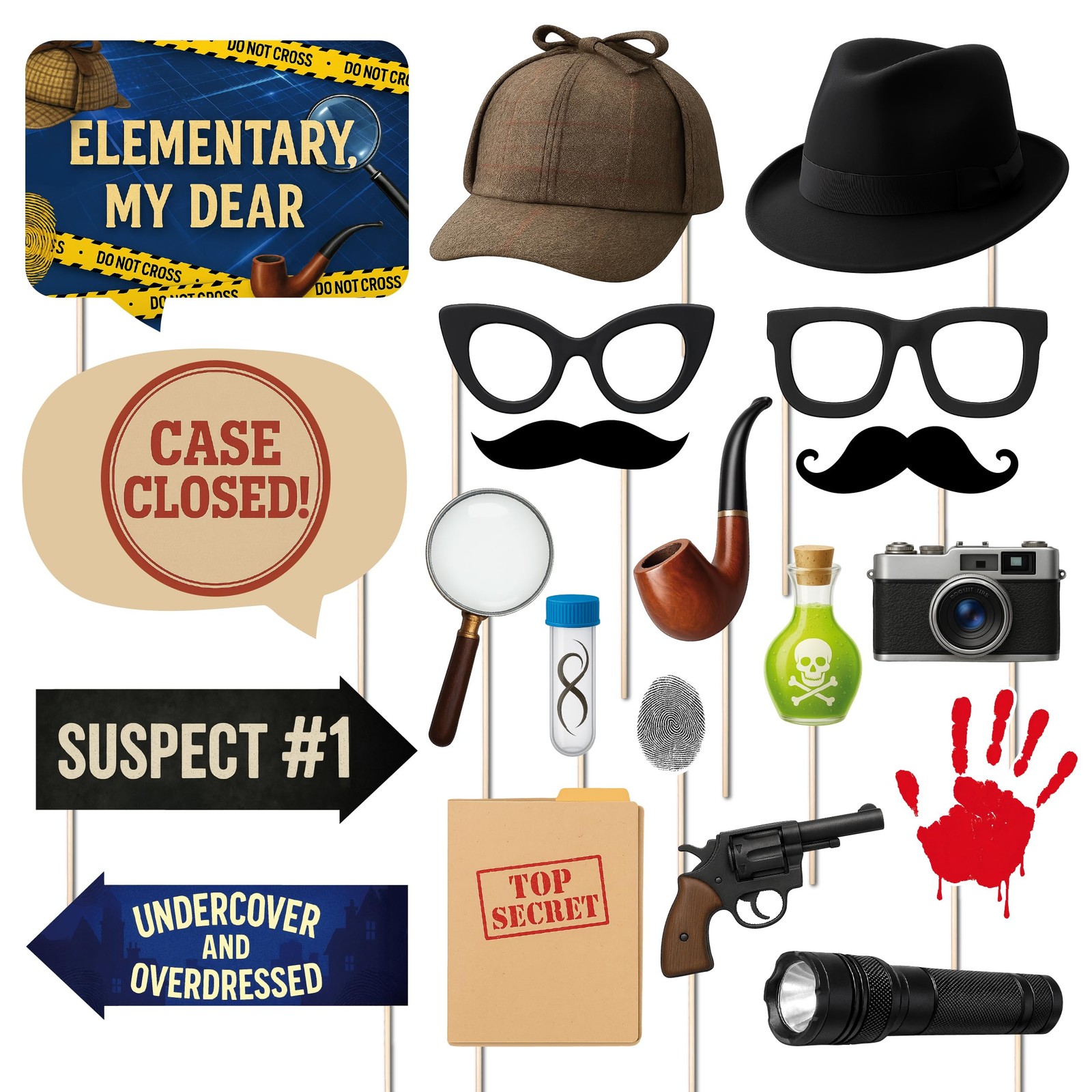 Photo Booth Props for Detective Spy Party, Mystery Game Night Supplies, 20-Piece