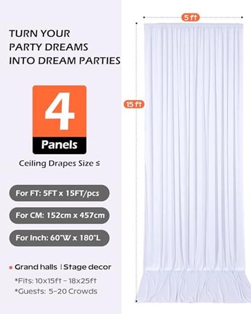 20ftx15ft White Backdrop Curtain 4 Panels for Wedding Parties | Wrinkle-Free