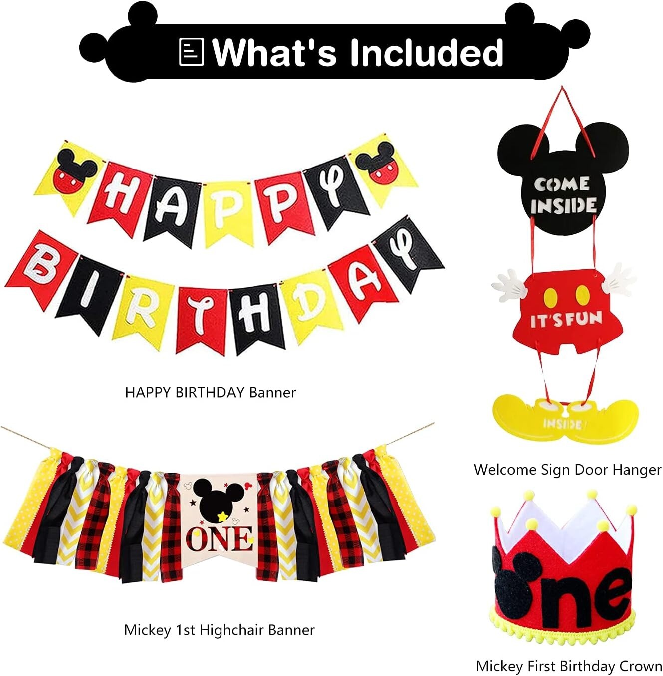 1st Birthday Cartoon Mouse Decorations – Banners, Balloons, Door Hanger, Crown..