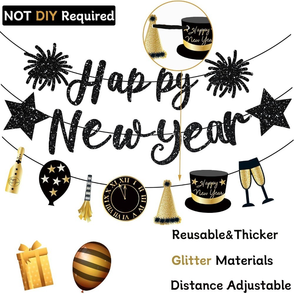 Happy New Year Banner Black Glitter Pre-Strung NYE Sign Garland Banner for Happy
