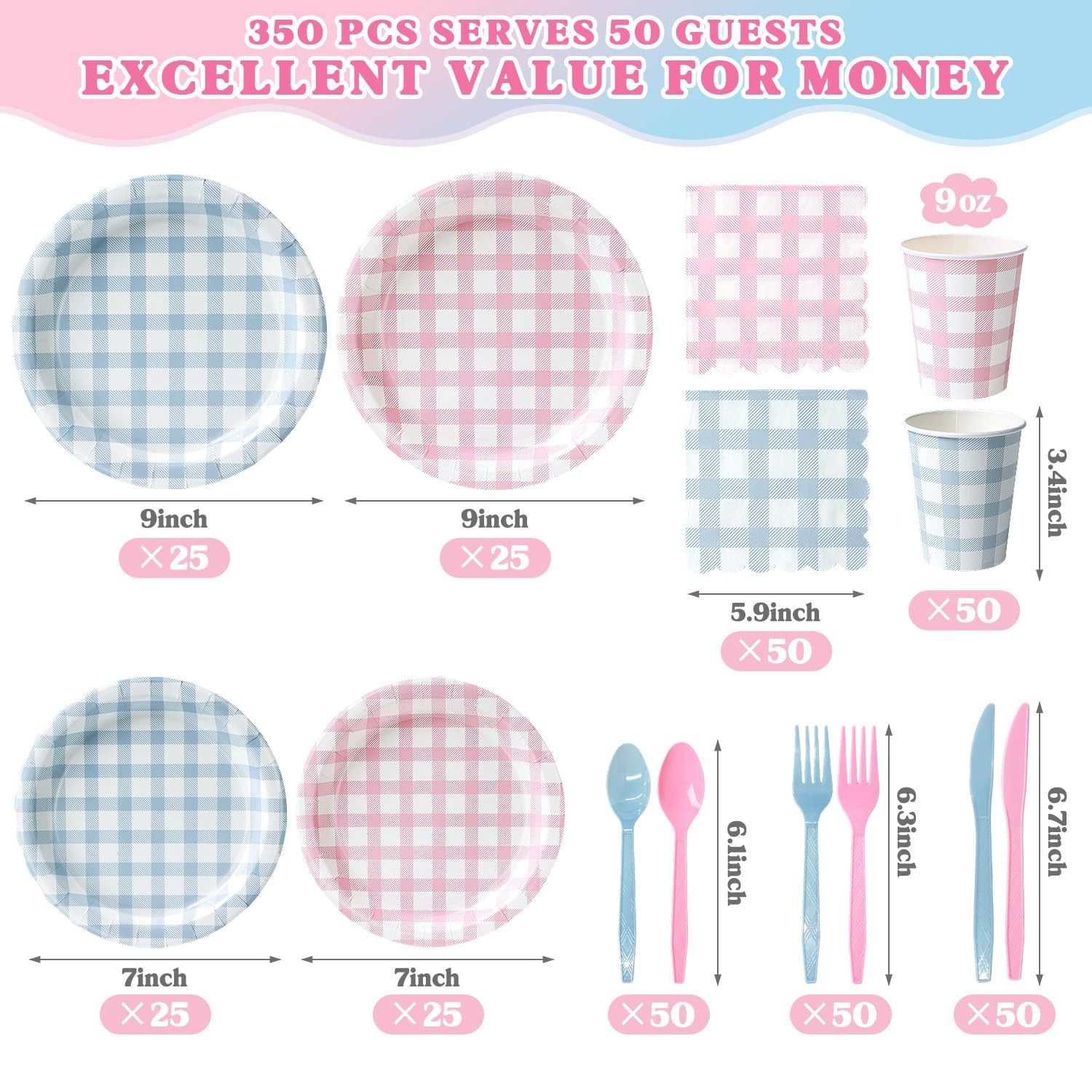 350 PCS Pink & Blue Gingham Paper Plates And Napkins Set For 50 9 Inch Dinner