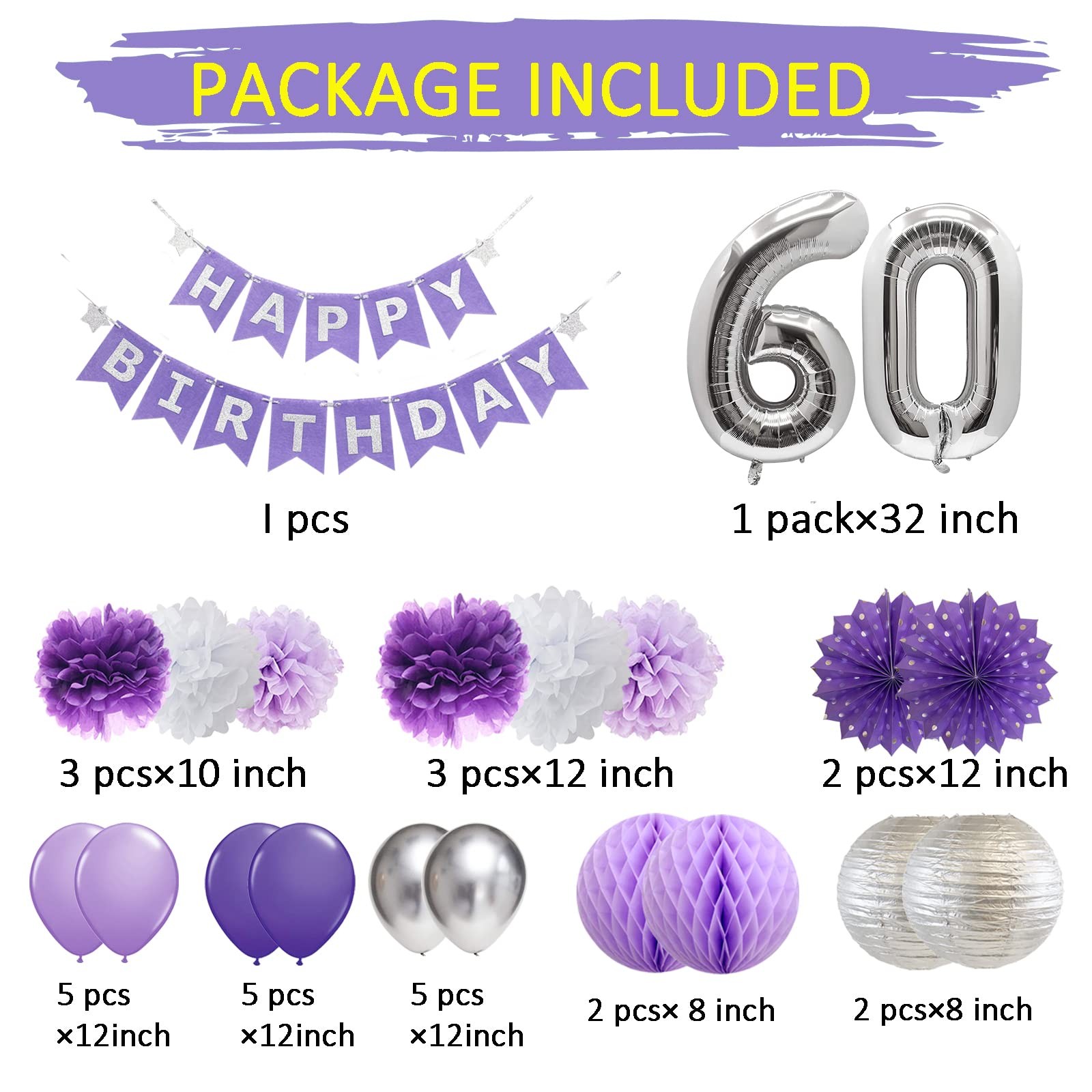 Qian’S Party 60Th Birthday Decorations For Women Purple Silver Women 60 Happy