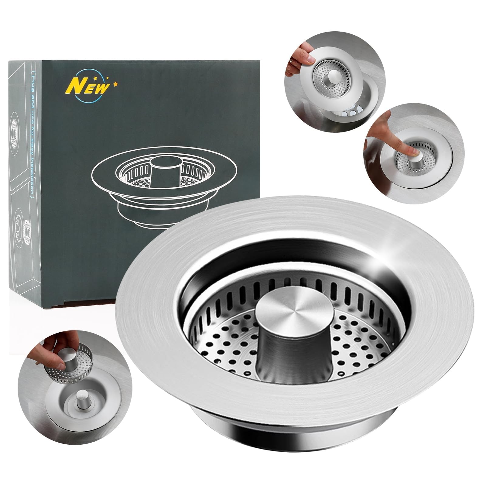 Kitchen Sink Drain Strainer,Stainless Steel 3-in-1 Pop-up Sink Stopper with Seal