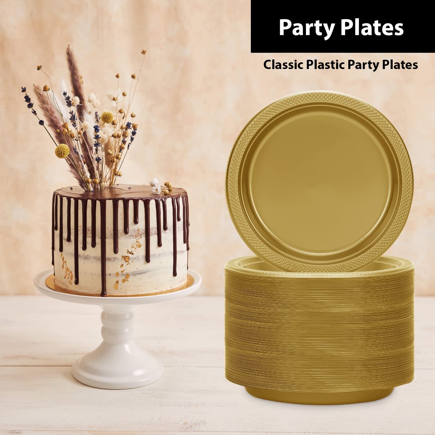 50-Count Gold 7-inch Plastic Appetizer Plates Heavy Weight for Parties Events