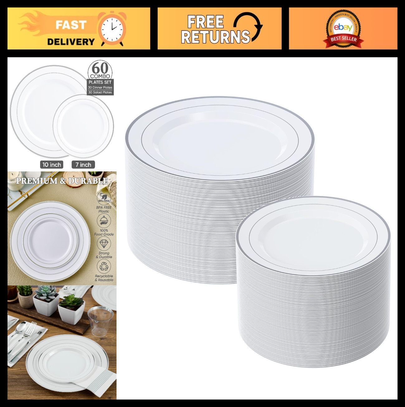 Elegant Silver Rim Disposable Plates Set of 60 – 30 Dinner & 30 Salad Plates, He