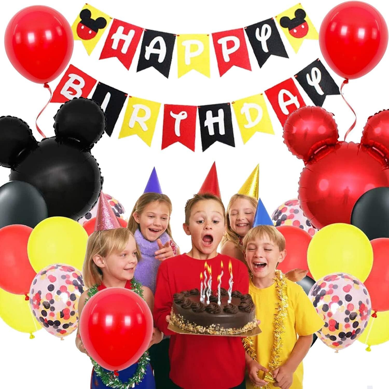 1st Birthday Cartoon Mouse Decorations – Banners, Balloons, Door Hanger, Crown..