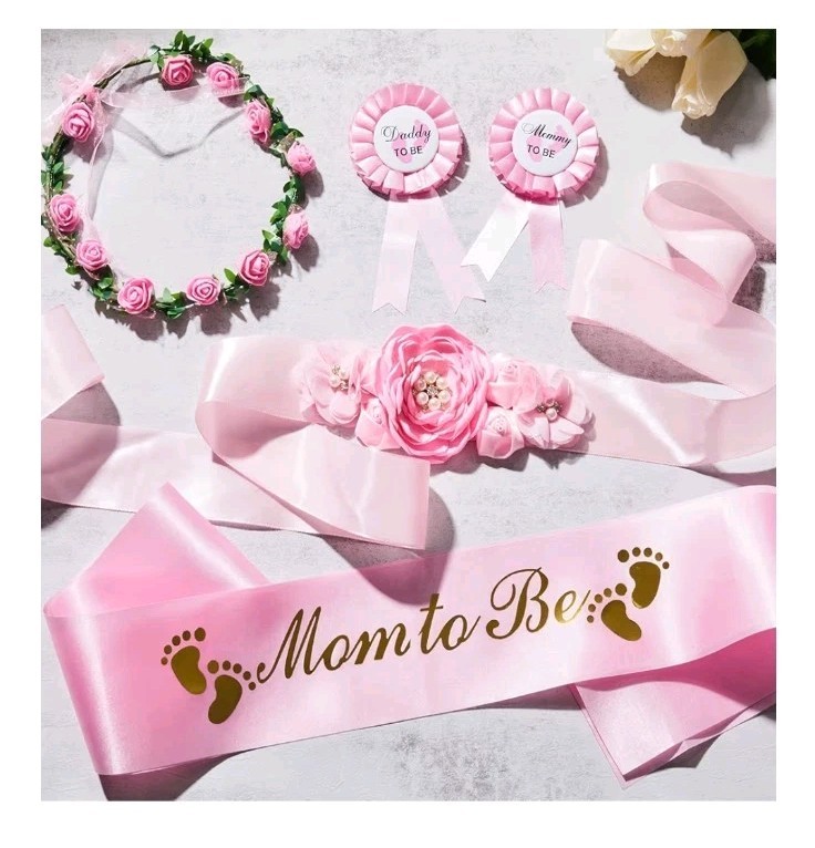 5 Pc Pink Maternity Sash Set Daddy and Mommy to be Corsage Pin Baby Shower