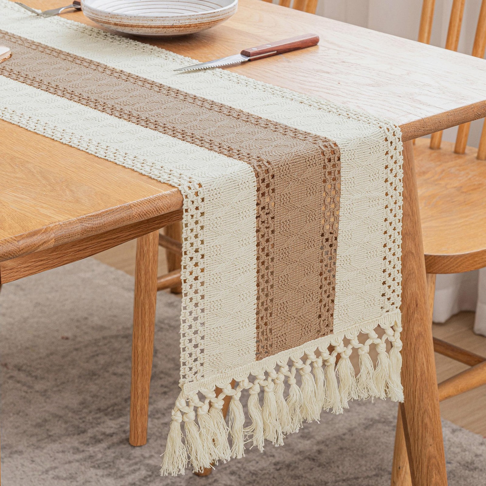 Cotton Farmhouse Table Runner with Tassels (90 Inches Long), Washable Boho Dinin