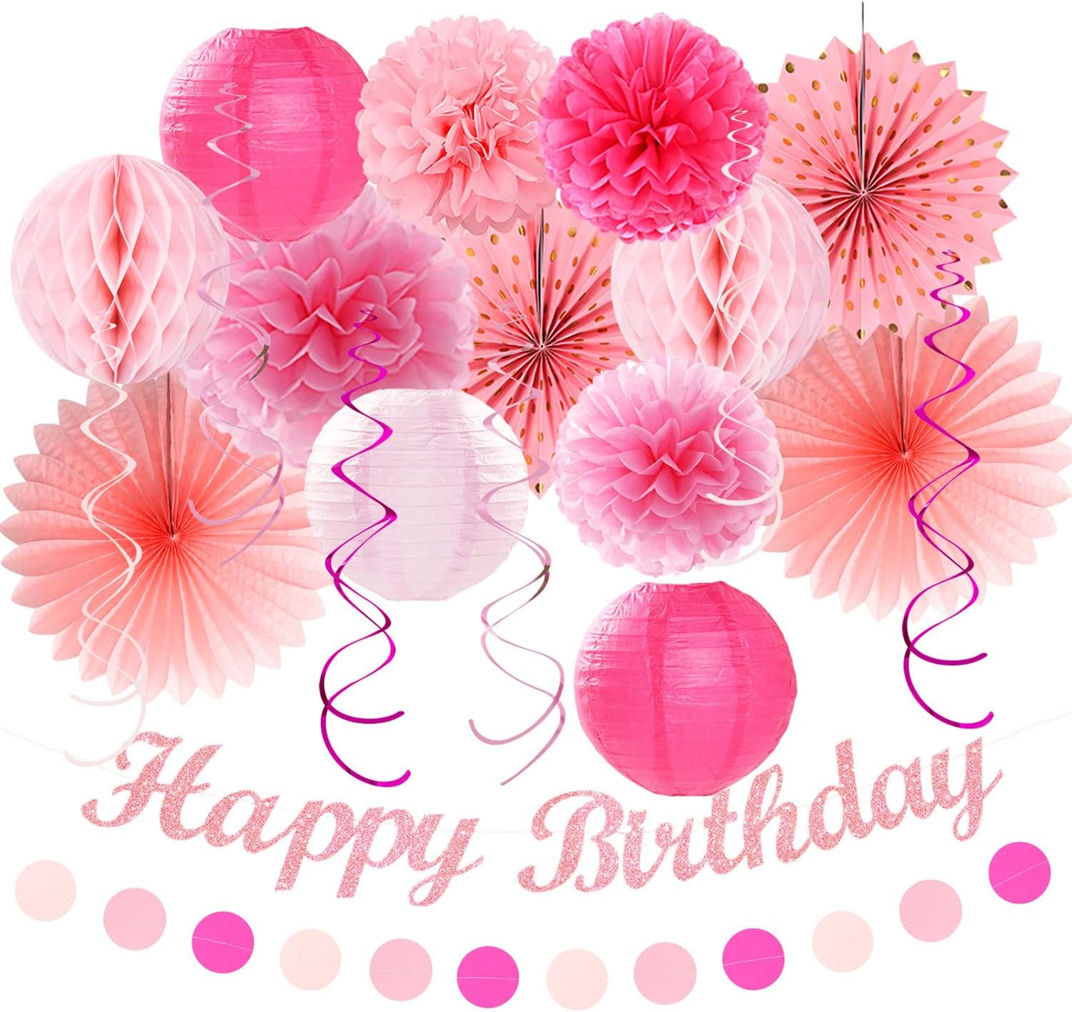 Light Hot Pink Birthday Party-Decorations – 21Pcs Girl Happy Banner,Paper Lanter